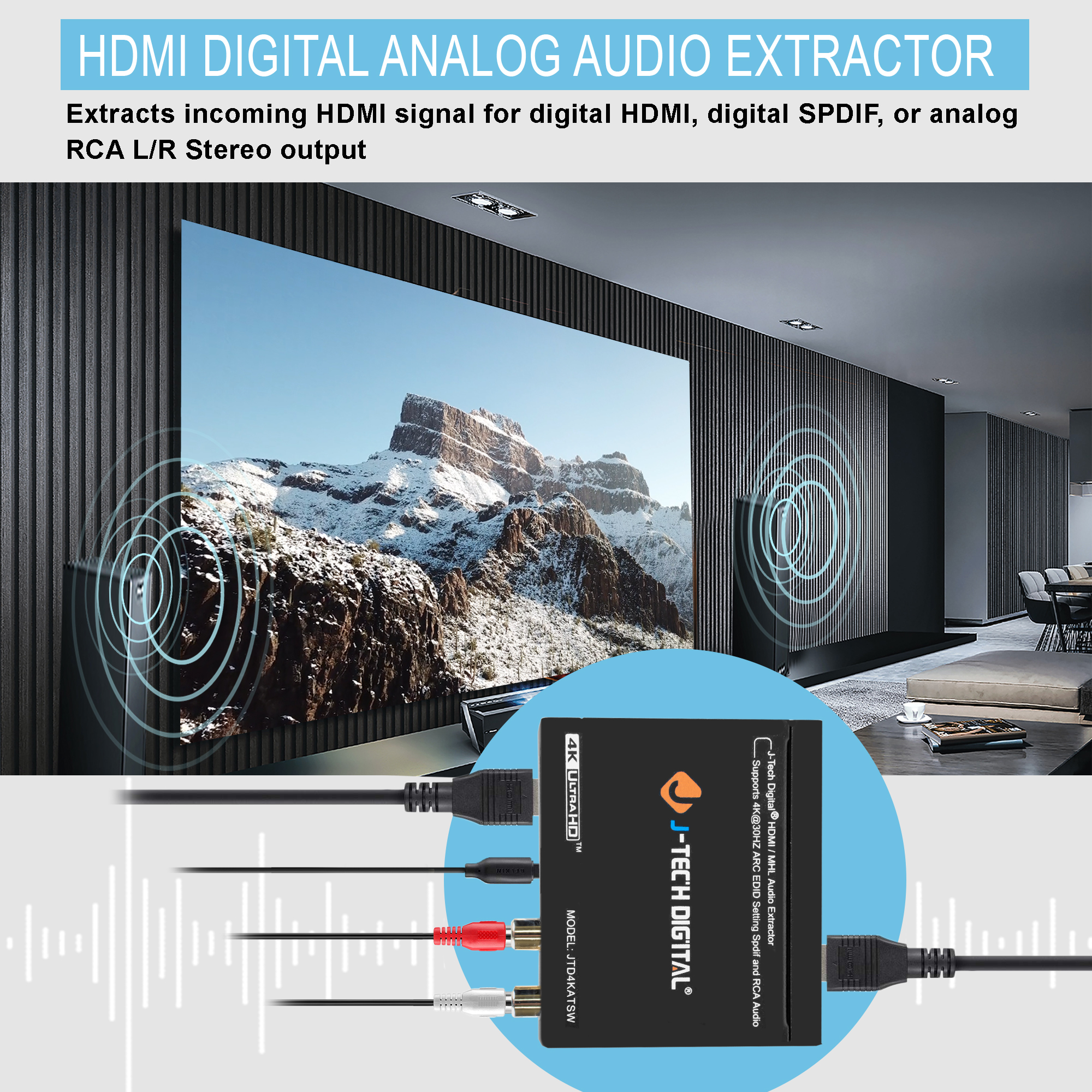 J-Tech Digital HDMI 1.4 Audio Extractor De-Embedder 4K30Hz Optical SPDIF Toslink 