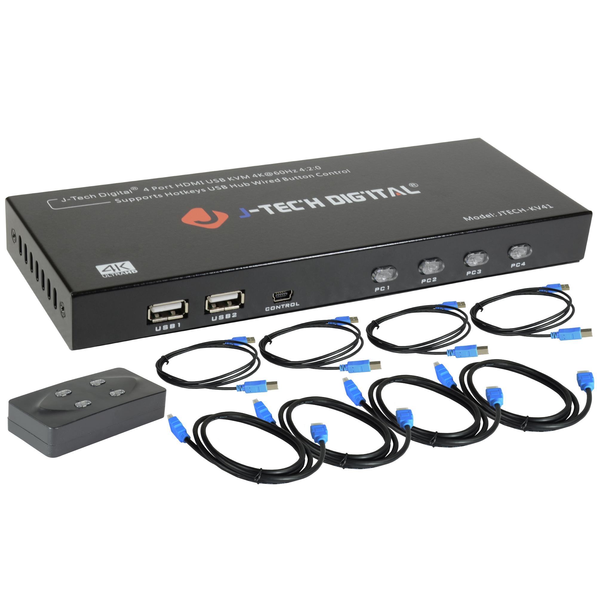 4 Port HDMI KVM Switch 4K@60Hz HDMI/USB Cables Included - J-Tech 